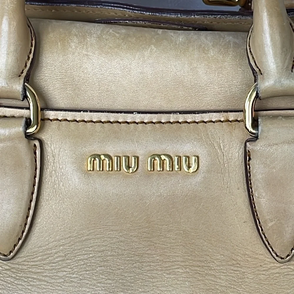 Miu Miu Vitello Leather Flap 2 Way Handbag Satchel Beige